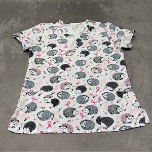 Divine stretch Hedgehog Print Medical Scrub Top in White & Pink breast cancer L